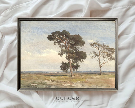 Vintage Landscape 2 Trees On The Landscape Print Blue Sky And Trees Vintage Poster Antique Country Decor