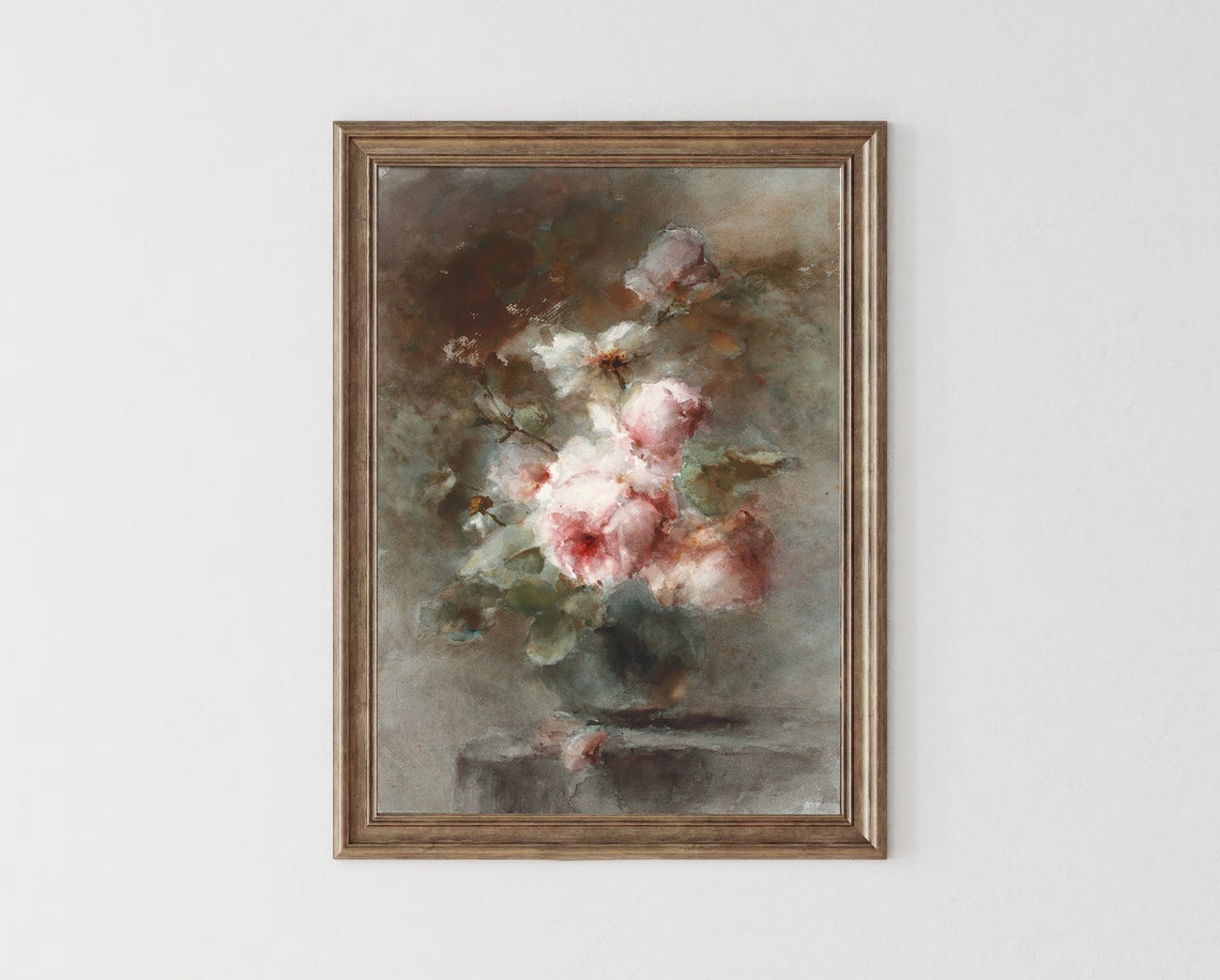 Blush Rose Bouquet in Dark Moody Floral Still Life Vintage Poster - Image 4