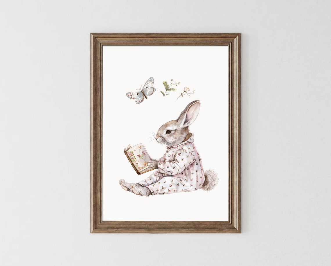 Bunny Reading Book Floral Pajamas Cute Nursery Animal Poster - Image 4