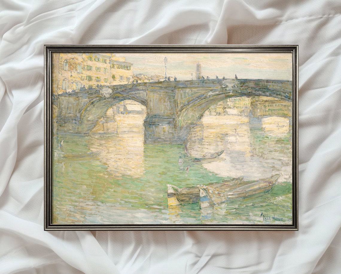 Impressionist Stone Bridge over River with Boats Painting Poster - Image 4