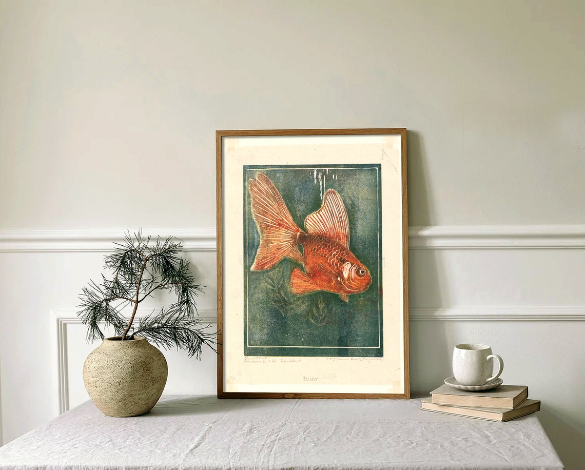 Red Goldfish Japanese Woodblock Vintage Pond Aquatic Art Poster - Image 2