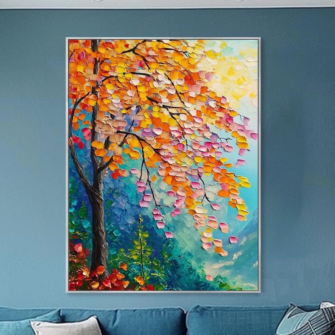 Autumn Tree Orange Pink Leaves Teal Background Textured Art Poster