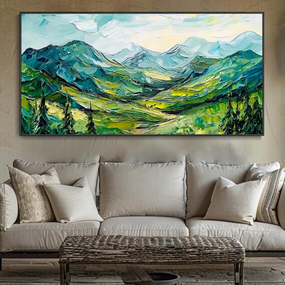 Original Green Landscape Textured Wall Art Oil Scenery Painting On Custom Mountain Sky Cloud Art Green Art Room Decor