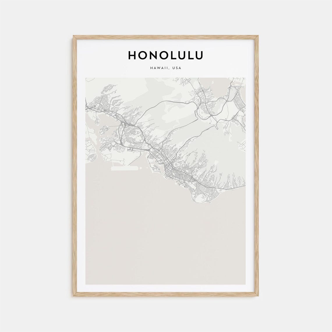 Minimalist Honolulu Hawaii City Street Map Poster in Warm Beige Tones