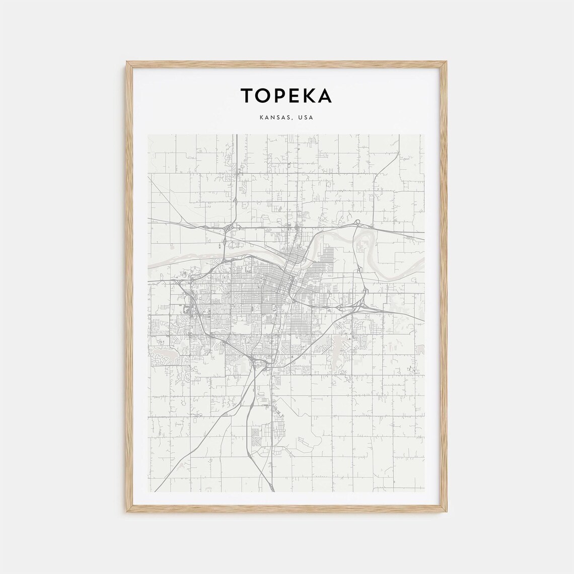 Topeka Kansas, USA Minimalist Black White City Street Map Print