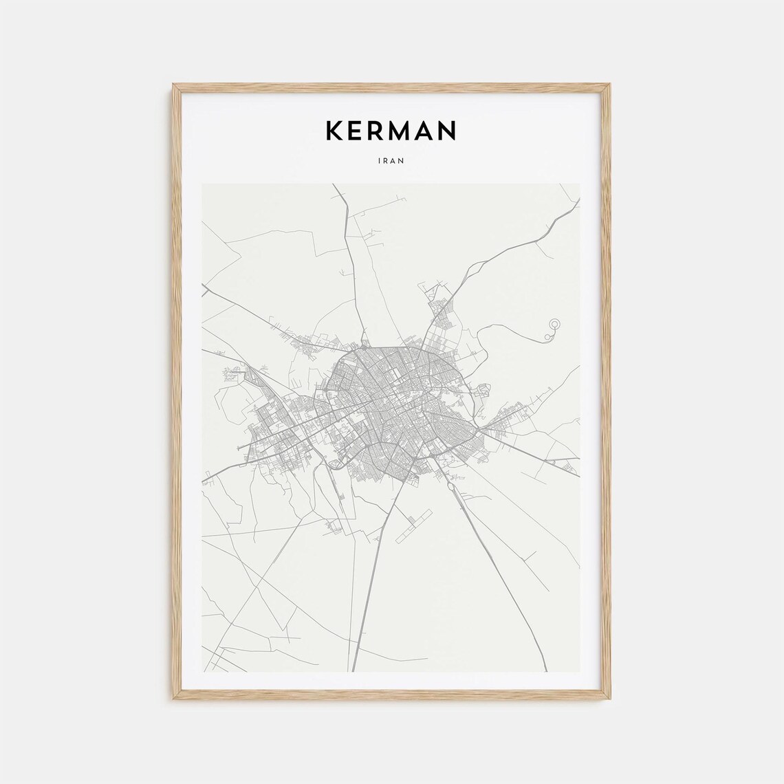 Kerman Iran Minimalist Street Map Line Art Poster in Soft Grey Tones