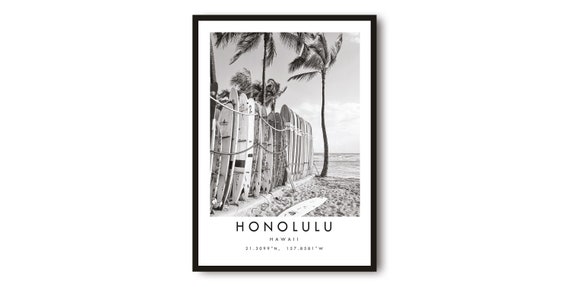 Honolulu Surfboard Print, Minimalist Hawaii Wall Art