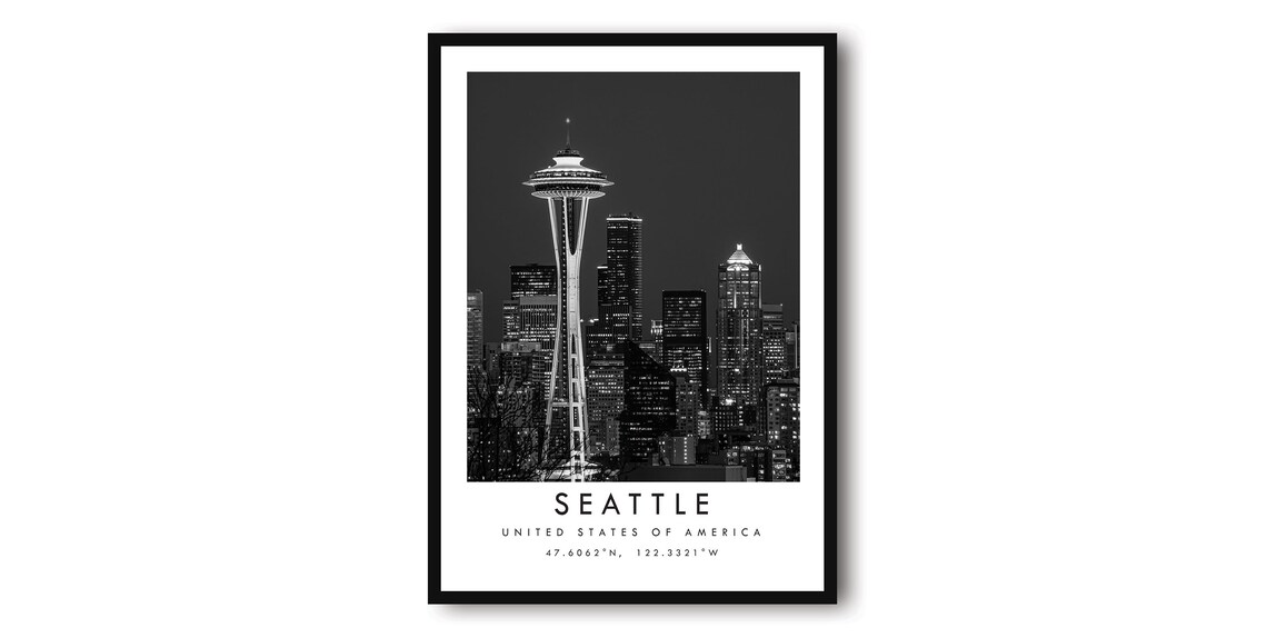 Seattle Skyline Black and White Minimalist Travel Poster