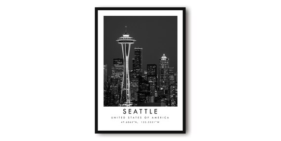 Seattle Skyline Black and White Minimalist Travel Poster
