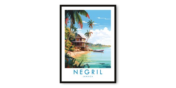 Negril Jamaica Beach Hut Turquoise Water Palm Trees Travel Poster