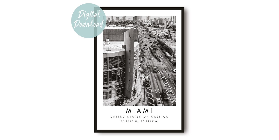 Miami Lincoln Road Aerial Street View Black and White Travel Poster