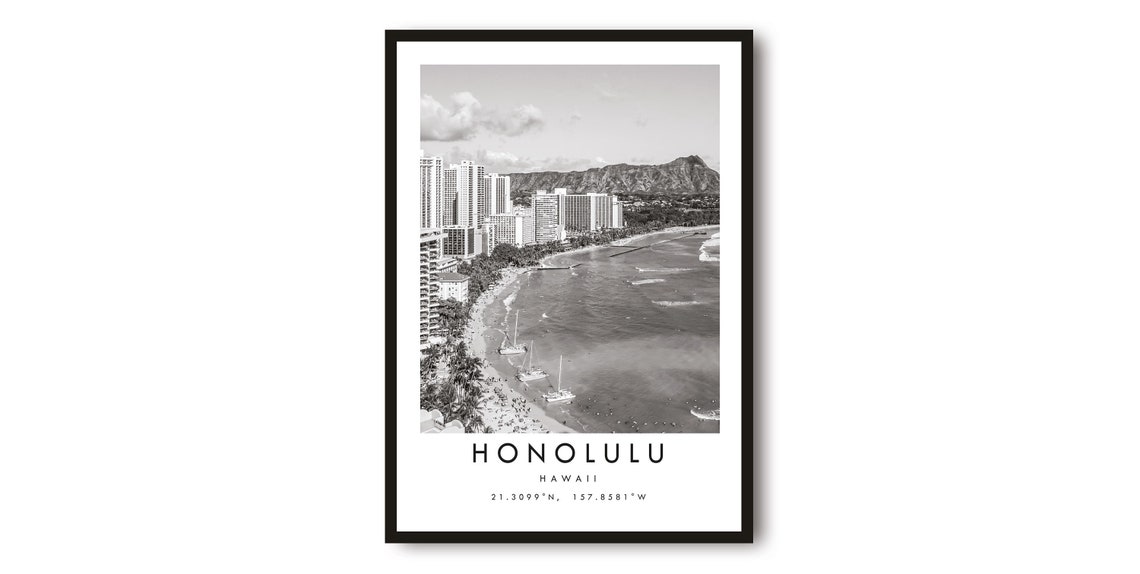 Honolulu Hawaii Waikiki Diamond Head Black White Photo Poster