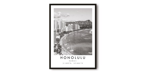 Honolulu Hawaii Waikiki Diamond Head Black White Photo Poster