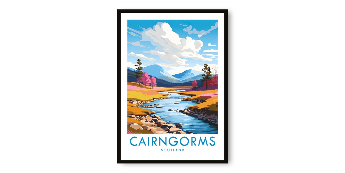 Cairngorms Scotland Poster with River Through Golden Highland Moor