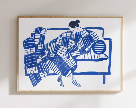 Sleeping Woman Blue Striped Blanket Couch Minimalist Ink Poster