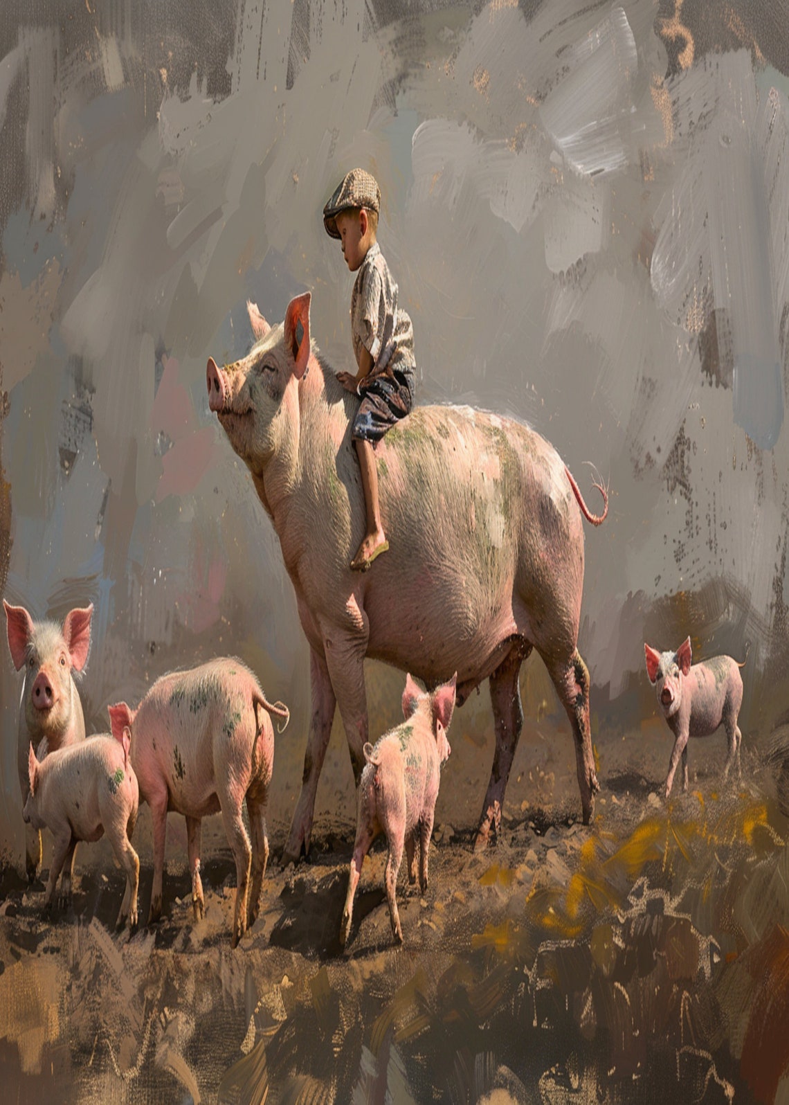 Boy Riding a Big Sow with Piglets on a Rustic Farm Painting Poster - Image 3