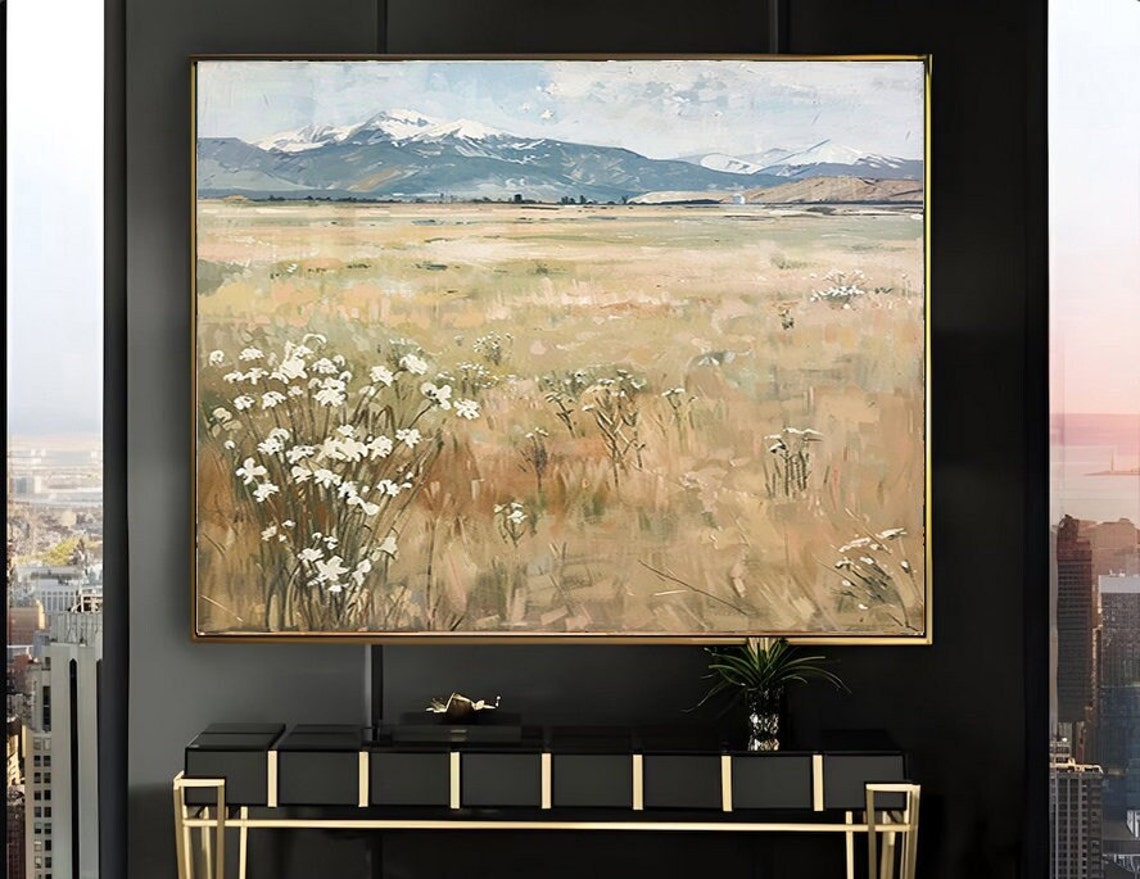 Sunlit Prairie Snowcapped Mountain Peaks Wildflower Landscape Poster
