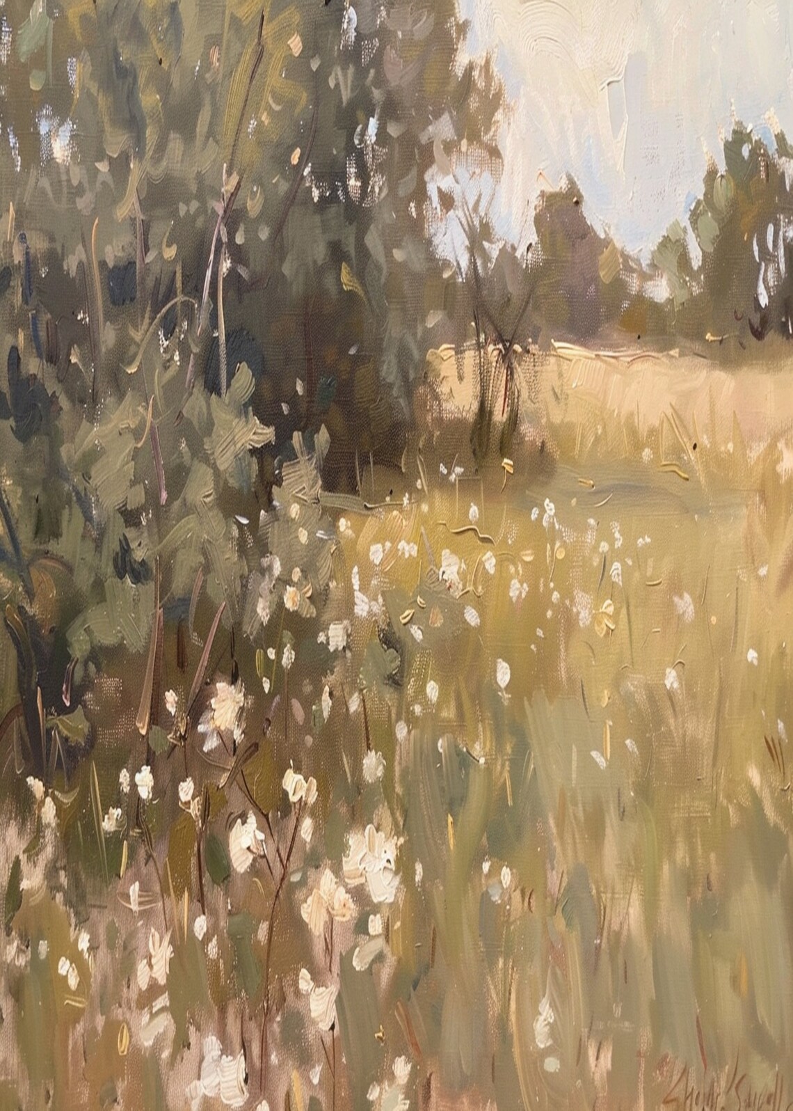 Wildflower Meadow Landscape in Vintage Oil Painting Wall Art - Image 3