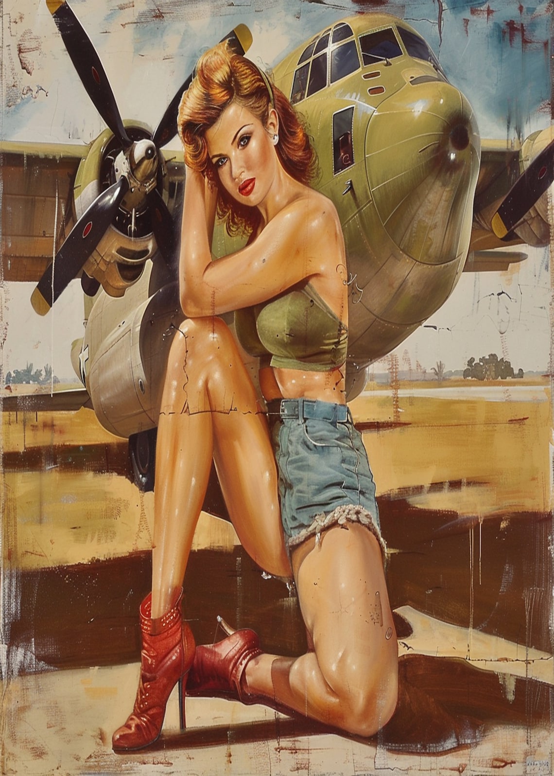 Vintage 1950s Pinup Girl Kneeling by Military Airplane Art Poster - Image 3