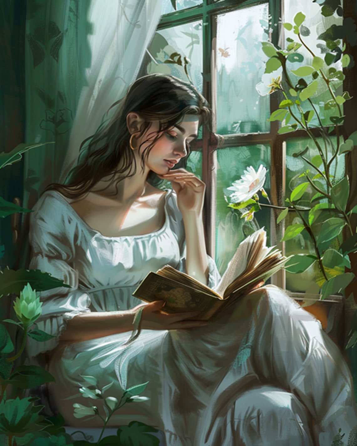 Woman Reading by a Flowering Window Vintage Style Art Poster