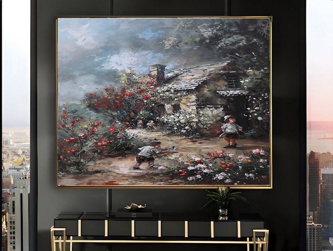 Two Boys Playing in Rustic Cottage Garden Red Roses Cloudy Poster