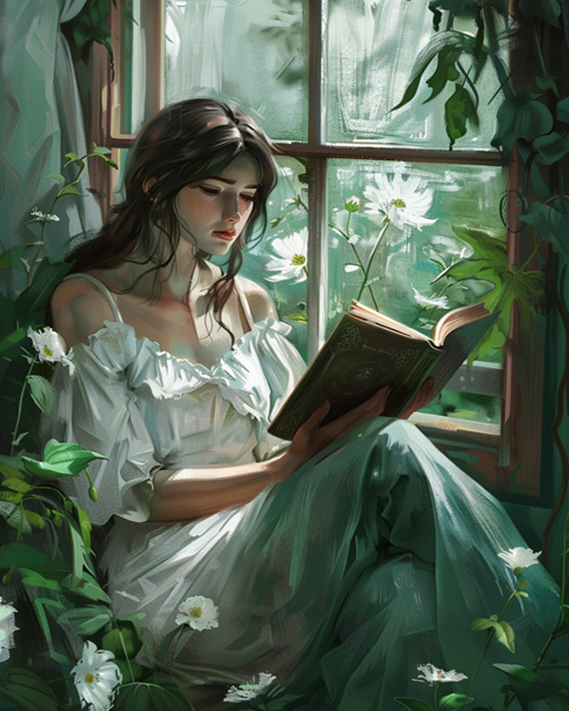 Woman Reading Among White Flowers Vintage Oil Painting Poster - Image 2