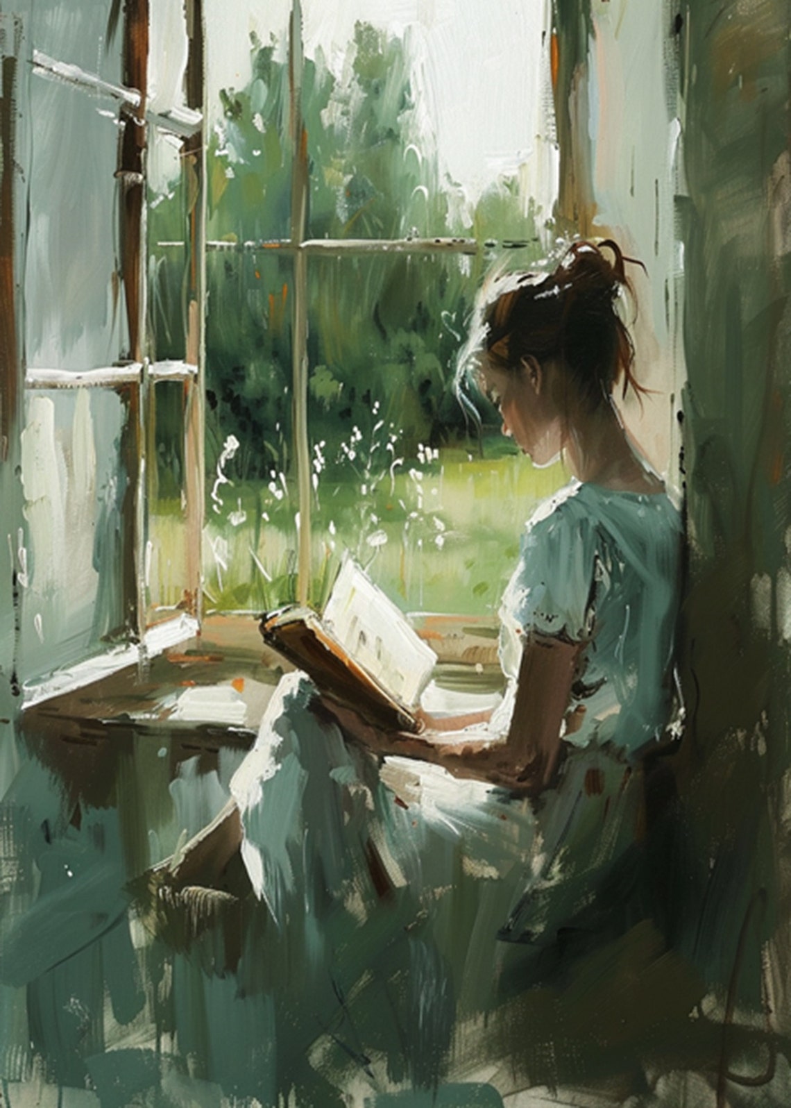 Woman Reading on a Windowsill Vintage Impressionist Art Poster - Image 2