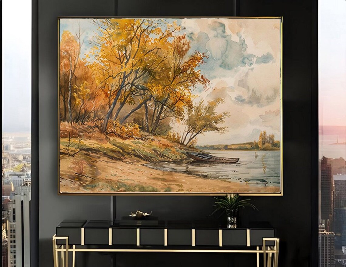 Golden Birch Trees Scene with a Canoe on Autumn Lakeshore Poster