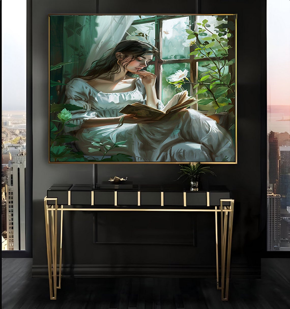 Woman Reading by a Flowering Window Vintage Style Art Poster - Image 2