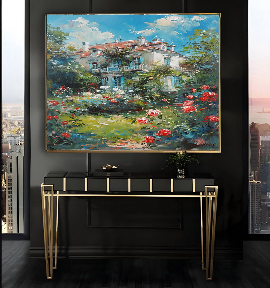 Bright Mediterranean Villa Balcony Red Roses Vivid Blue Sky Poster
