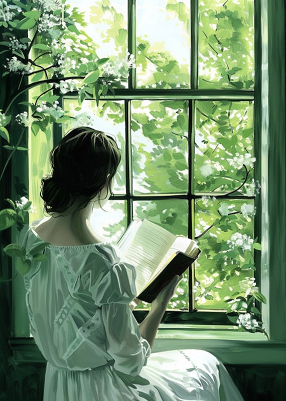 Woman Reading by a Sunny Garden Window Vintage Oil Painting Poster