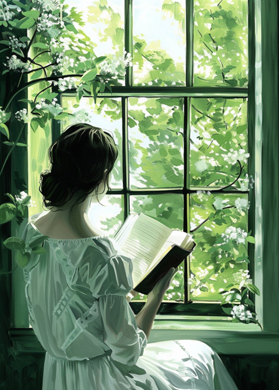 Woman Reading by a Sunny Garden Window Vintage Oil Painting Poster