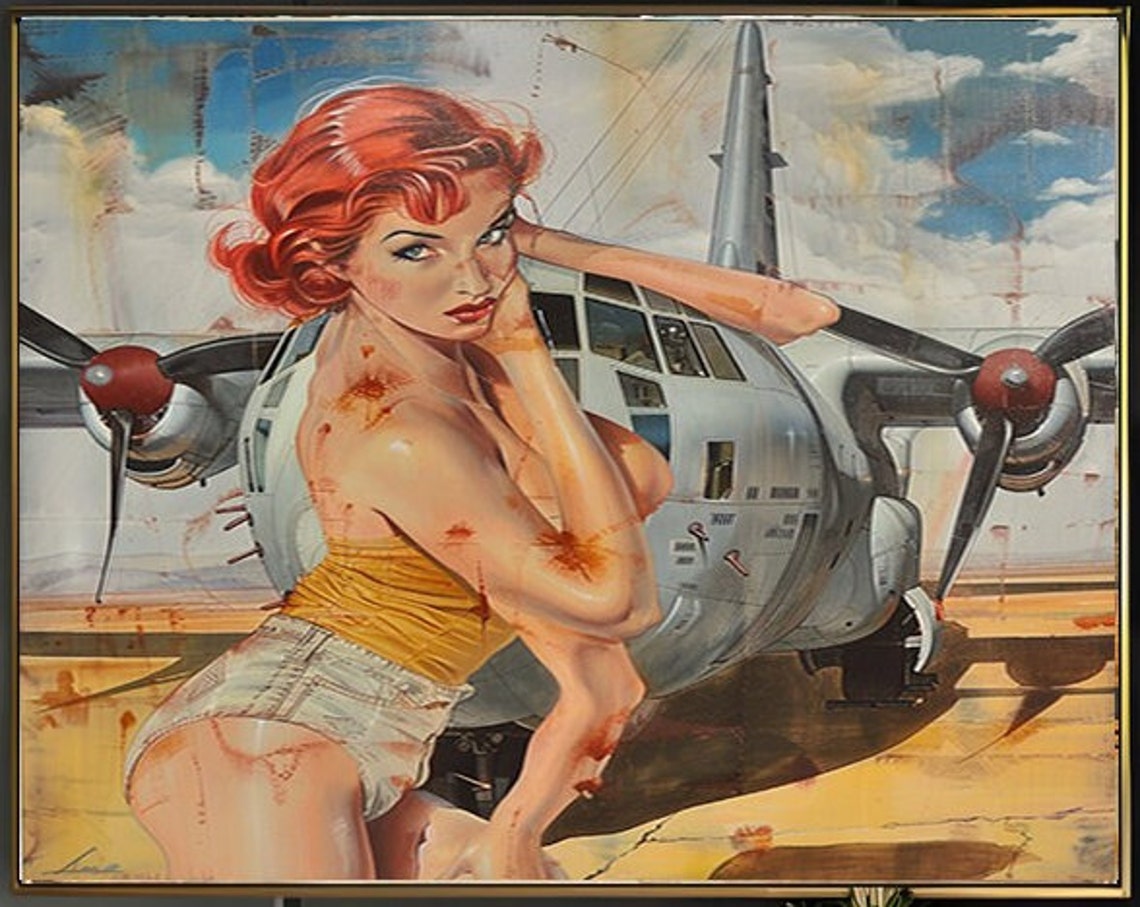 Redhead Pinup Girl in Yellow Top by a Propeller Plane Poster