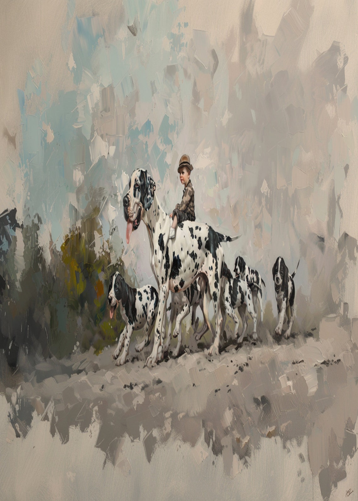 Boy Riding a Great Dane Leading Dalmatians in a Field Poster - Image 3