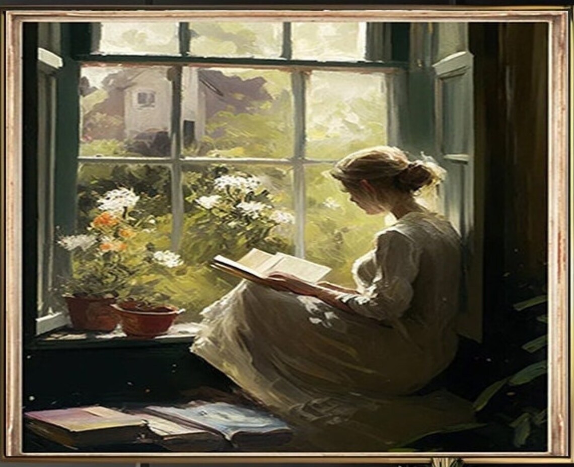 Vintage Woman Reading Portrait, Rustic Wall Art Print