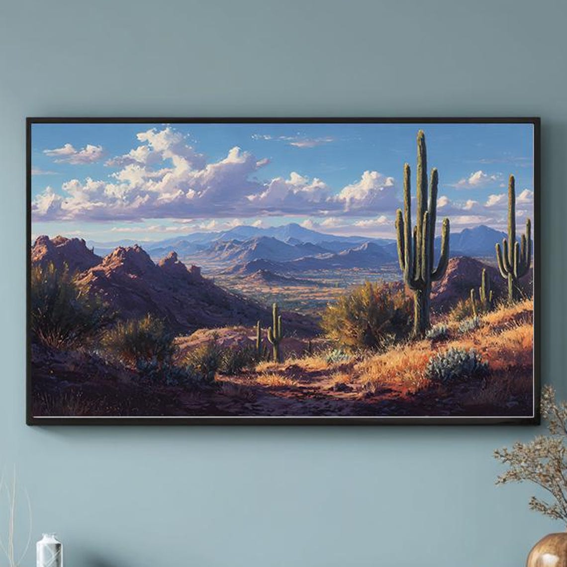 Saguaro Cactus Desert Landscape Painting Golden Hour Valley Print