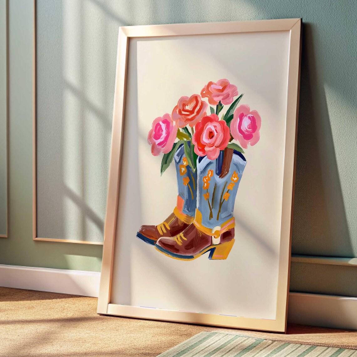 Cowboy Boots Bouquet of Pink Roses Western Floral Art Poster