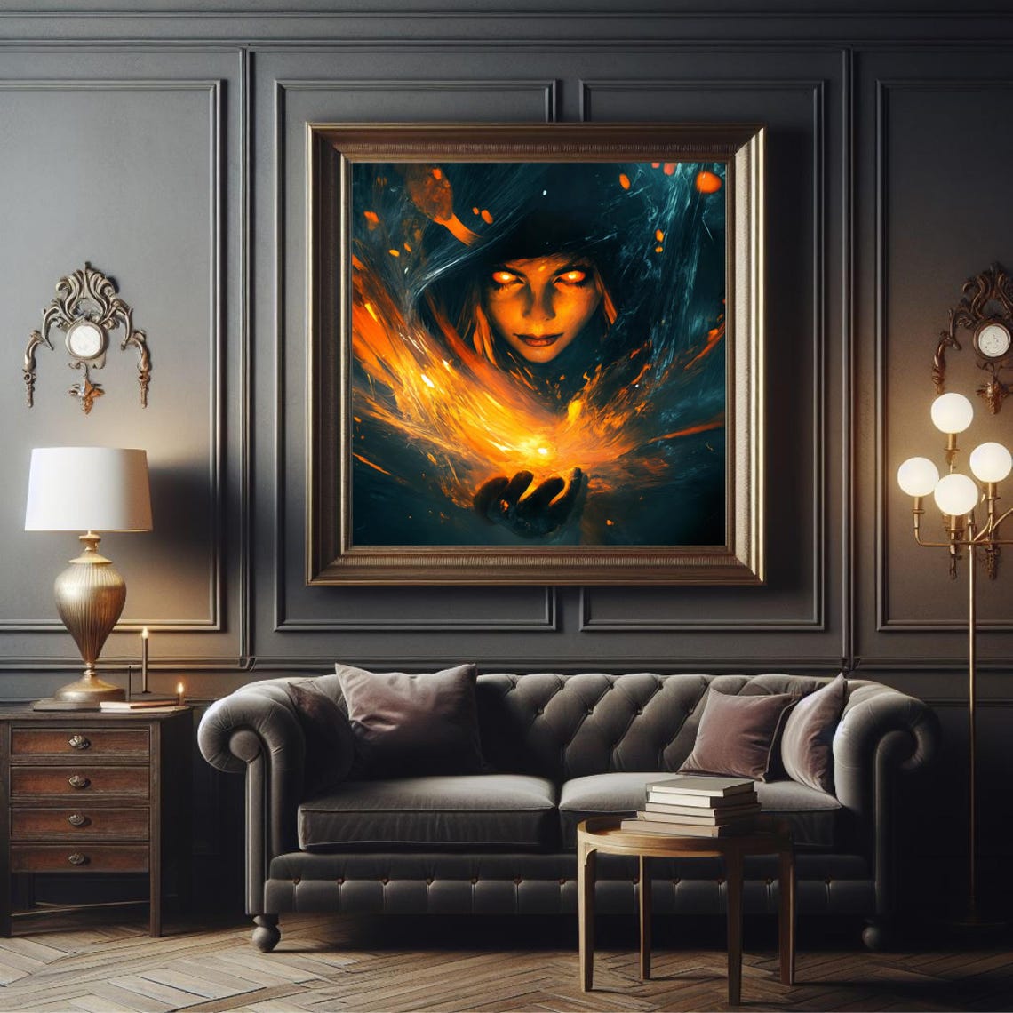 Fire Witch Sorceress Glowing Eyes Flames Dark Fantasy Wall Art