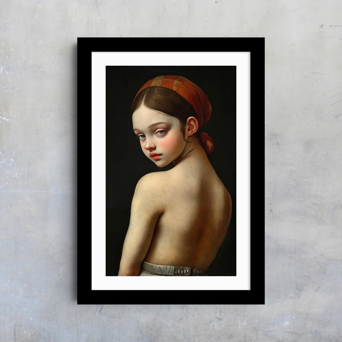 Classic Girl Portrait Red Headscarf Timeless Oil Painting Style Art Print - Image 4