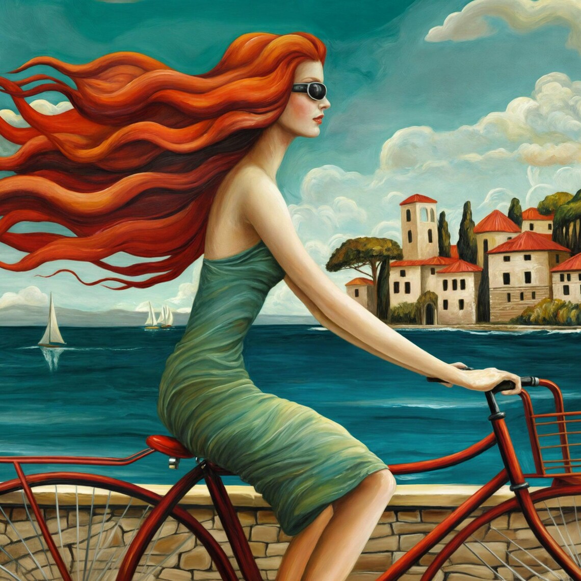 Redhead Woman Cycling By The Sea Teal Dress Coastal Town Summer Poster - Image 4