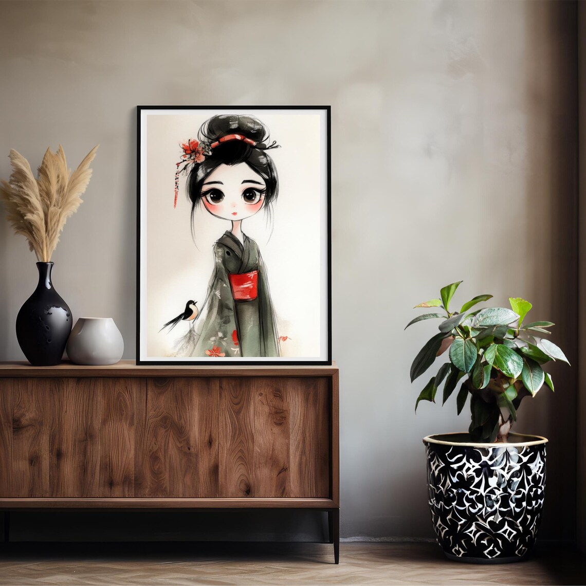 Cute Anime Geisha Girl Green Kimono Red Obi Japanese Art Poster