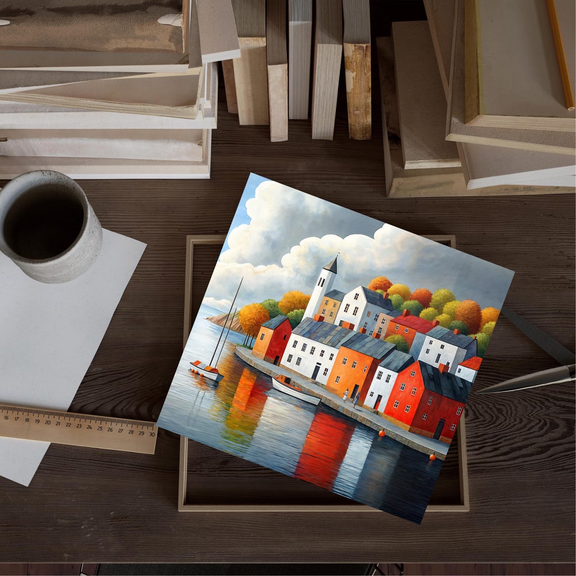 Coastal Village Wall Art Colorful Harbor View Painting Sailboats And Seaside Houses Print Ocean Art For Living Room Modern Home Decor - Image 2