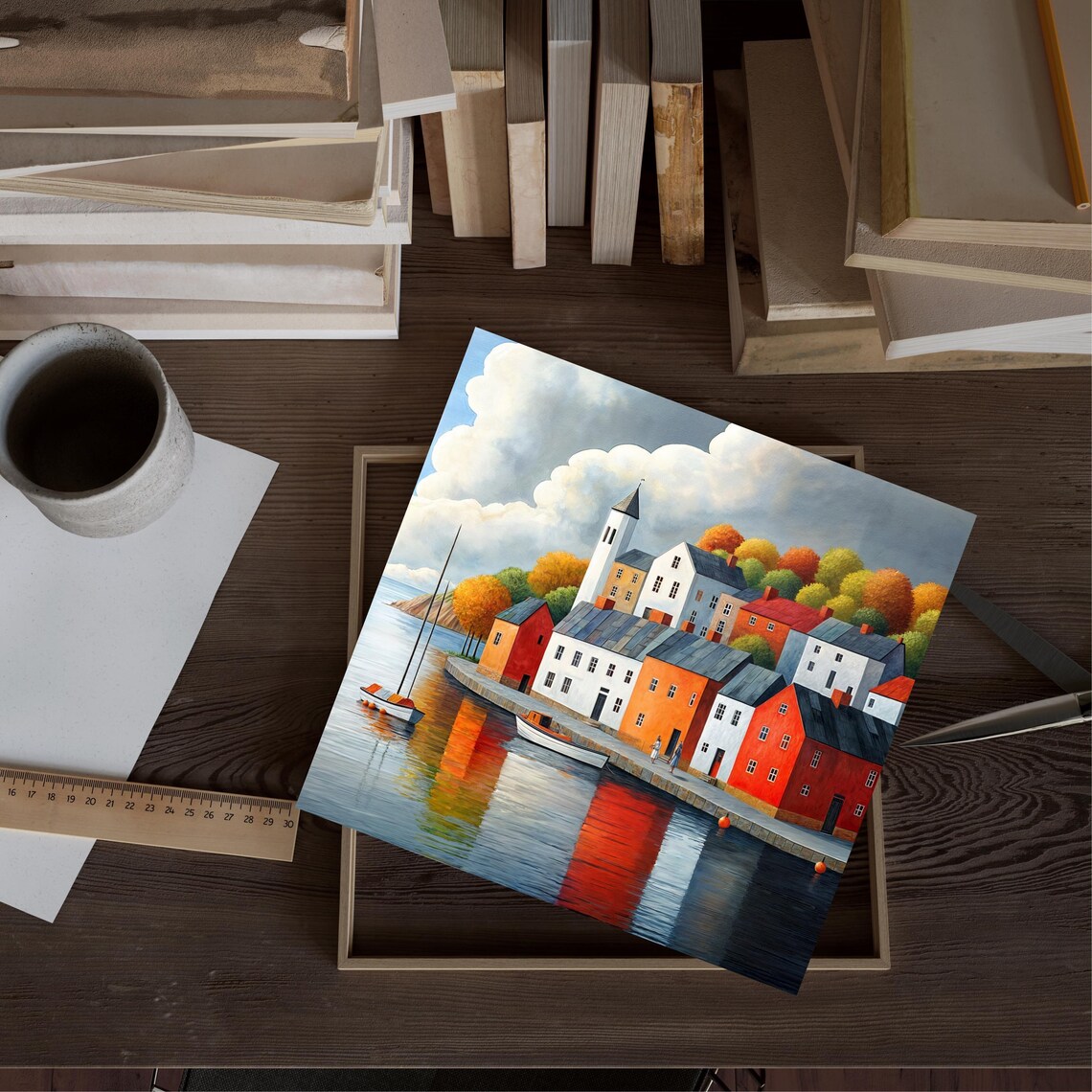 Colorful Harbor Village Houses Sailboats Reflections Wall Art Print - Image 2