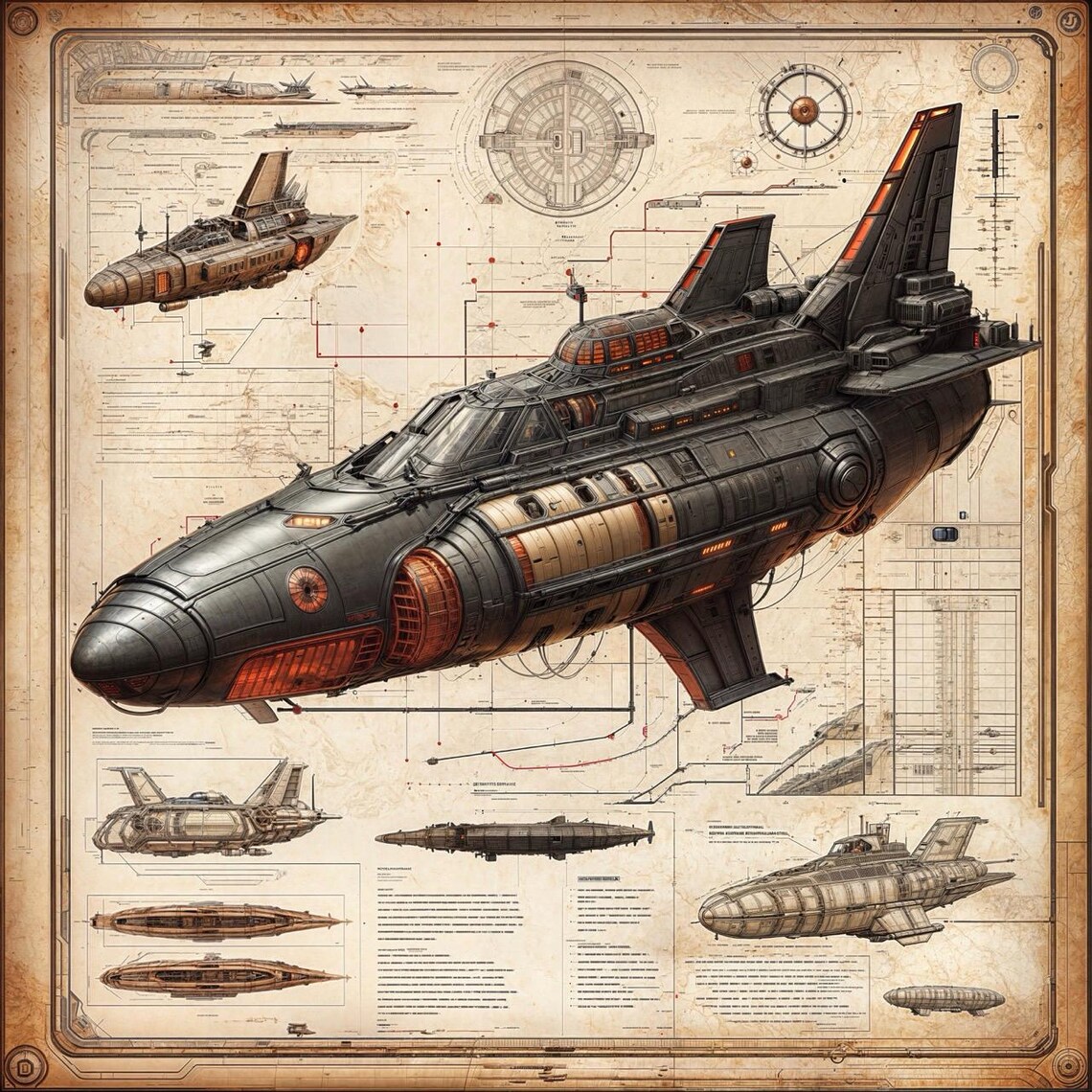 Vintage Spacecraft Blueprint Retro Sci Fi Airship Diagram Art Poster - Image 3