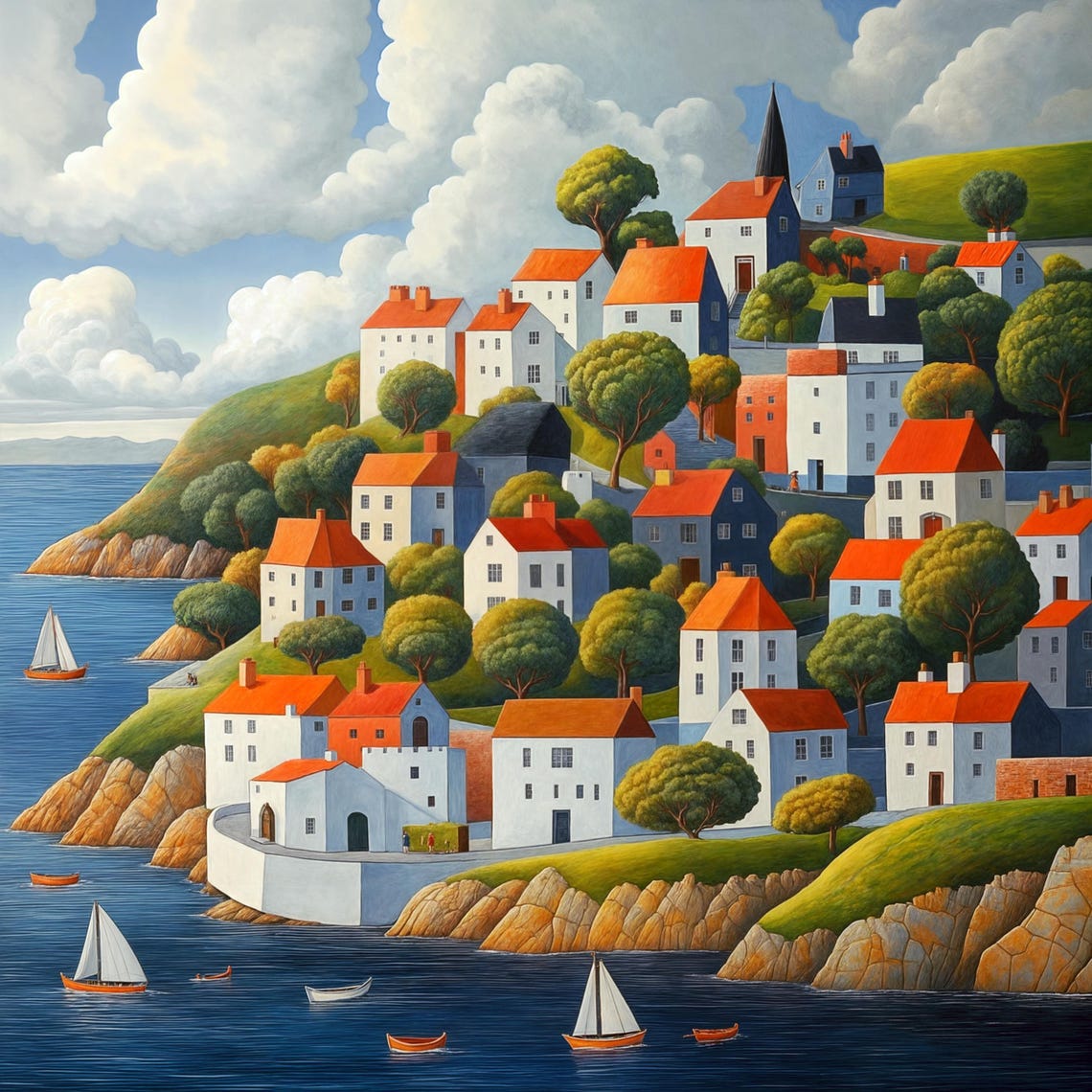 Colorful Coastal Village Wall Art Harbor View Painting Sailboats And Seaside Houses Print Ocean Art For Living Room Modern Home Decor - Image 3