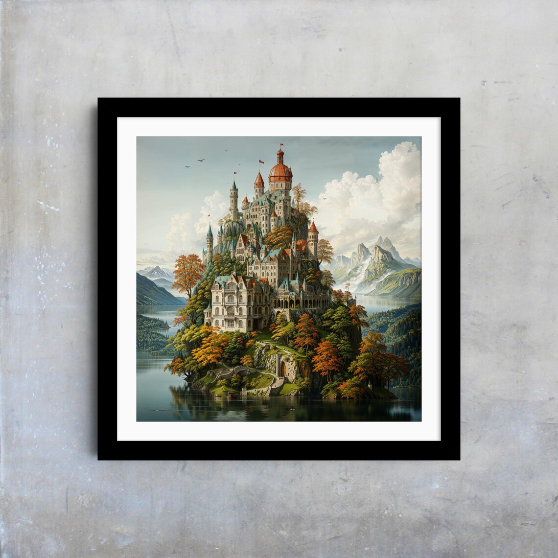Majestic Fantasy Castle Lake Island Red Domes Autumn Trees Art Poster - Image 4