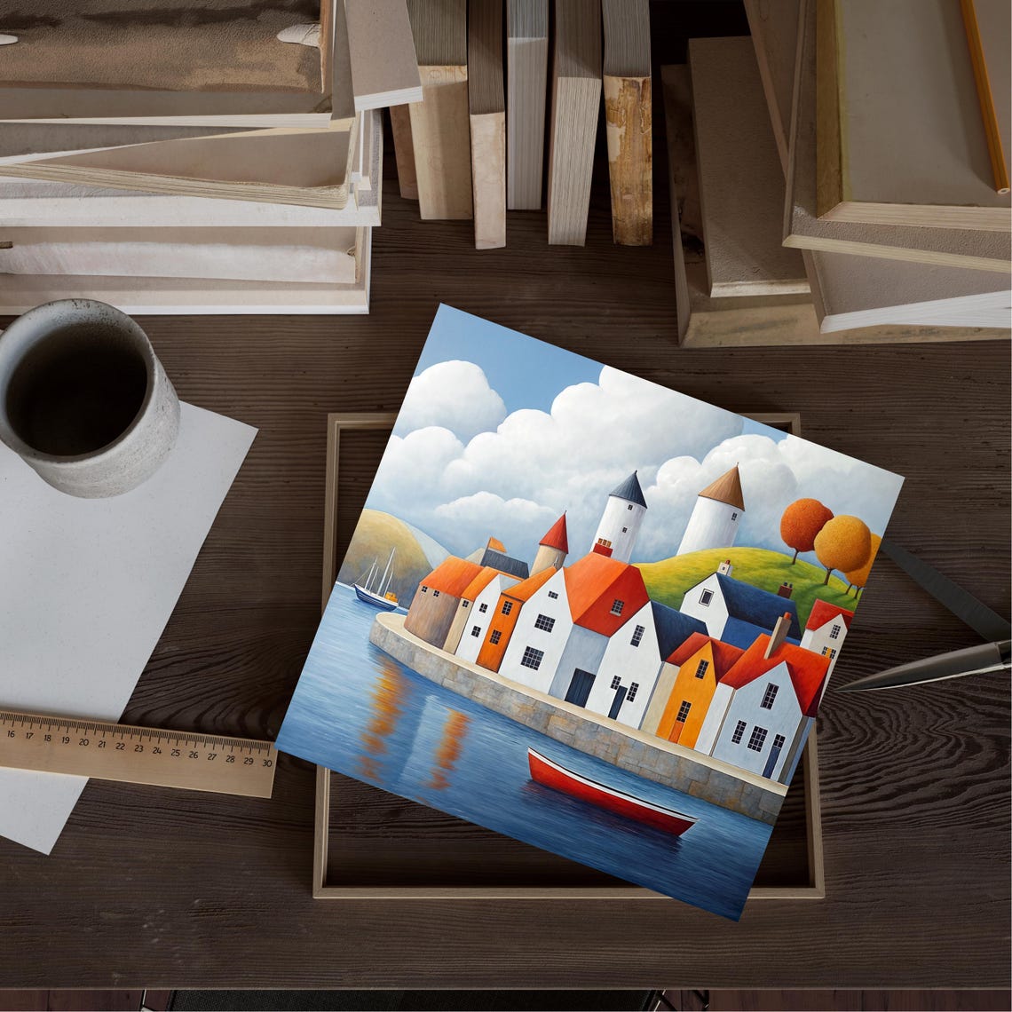 Coastal Wall Art Harbor Village Print Sailboats And Seaside Houses Print Ocean Art For Living Room Modern Home Decor Colorful Poster