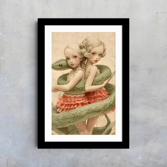 Blonde Sisters With Green Snake Vintage Pop Surreal Fantasy Art Poster