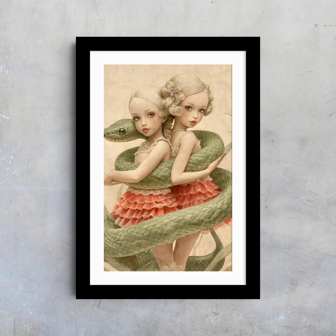 Blonde Sisters With Green Snake Vintage Pop Surreal Fantasy Art Poster