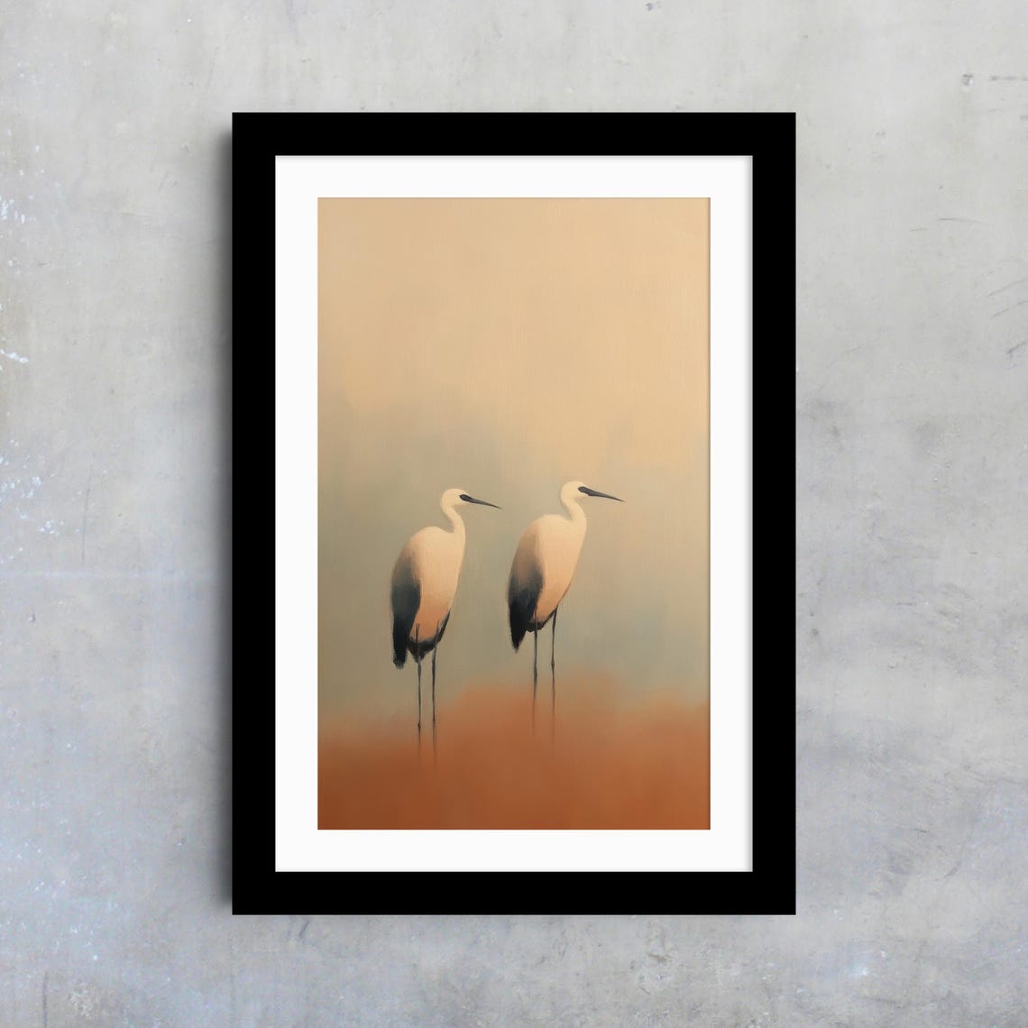 Two White Herons Misty Water Minimalist Warm Beige Nature Art Poster - Image 4